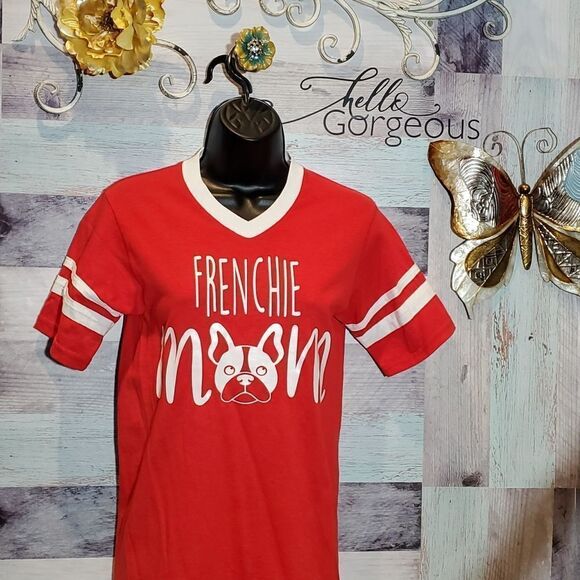 Frenchie Mom Sz Small Red White VNeck Tee T-Shirt Novelty Augusta 924 Bulldog - Picture 1 of 8